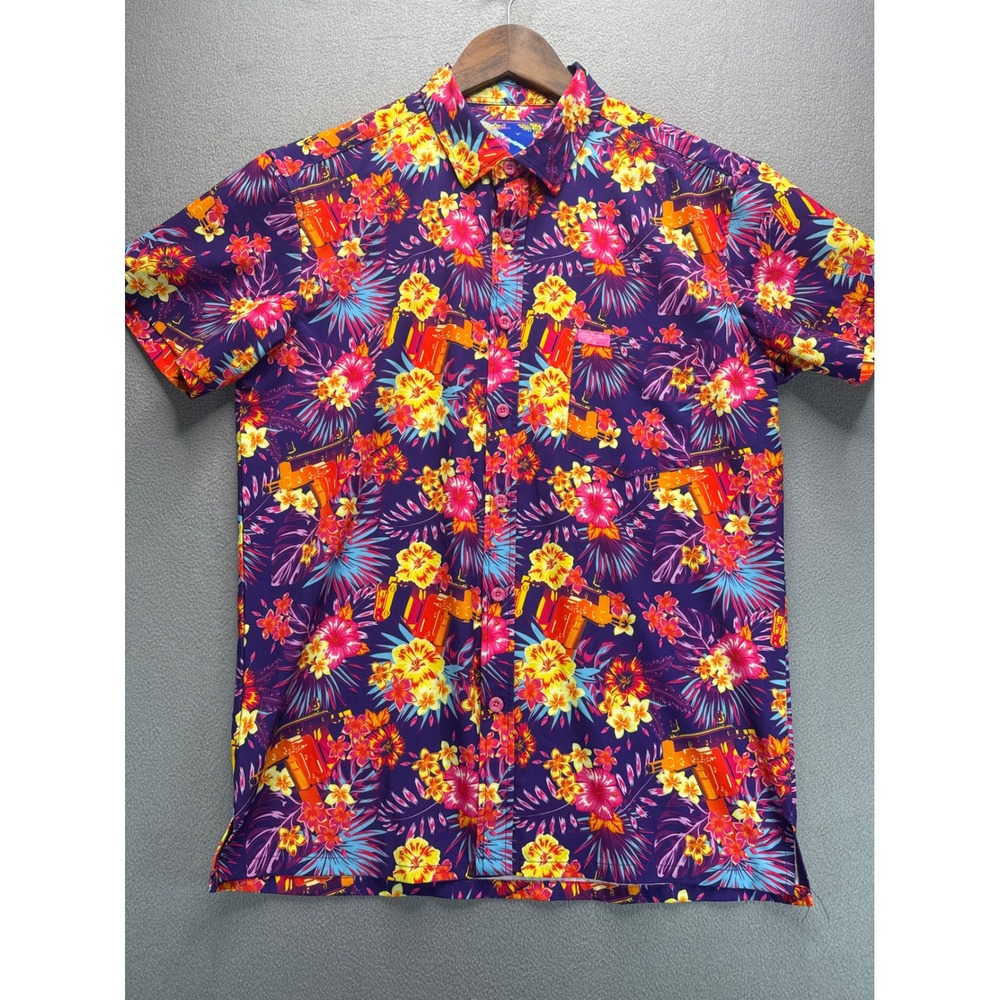 Retro Rifle Shirt Mens Medium Purple Bliss Vector Floral Gun Print Short Sleeve